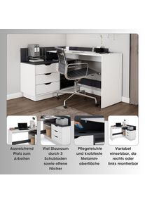 ByLiving, Eckschreibtisch &raquo;Bern&laquo; mit viel Stauraum, Breite 129 cm, rechts oder links montierbar, Wei&szlig;/Anthrazit + Wei&szlig; + Wei&szlig;, B/H/T: 127 cm x 83,5 cm