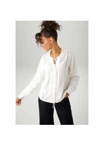 Aniston CASUAL, Damen, Hemdbluse aufw&auml;ndig mit verschiedenen Spitzen verziert, wollwei&szlig;, 42, Durchgekn&ouml;pfte Bluse aus weich fallender Viskose