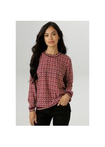 Aniston SELECTED, Damen, Shirtbluse mit sportiven B&uuml;ndchen, bordeaux-camel-beige, 40, bordeaux-camel-beige, Bluse mit farbharmonischer Retro-Musterung