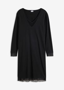 bonprix Femei Cămaşă de noapte cu dantelă fină, bumbac bio, negru, 40/42