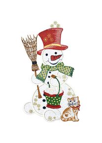 W. Reuter & Sohn - Plauener Spitze Fensterbild &raquo;Schneemann mit Katze&laquo; Made in Germany