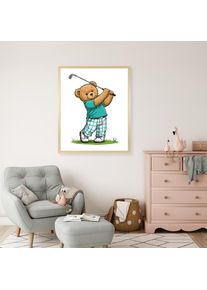 queence Bild mit Rahmen &raquo;Teddy B&auml;r auf Golfplatz&laquo; B&auml;r B&auml;ren Fashion Figuren Mode Modebilder HD Premium Poster-Druck inkl. Echtholzrahmen in beige