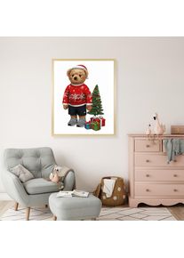 queence Bild mit Rahmen &raquo;Teddy B&auml;r mit Weihnachtsm&uuml;tze und Geschenken&laquo; B&auml;r B&auml;ren Fashion Figuren Mode Modebilder HD Premium Poster-Druck inkl. 