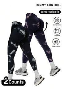 2pcs Seamless High Elastic Tie-Dyed Sports Leggings for women,Tuck in the Abdomen and Lift the Buttocks Yoga Leggings