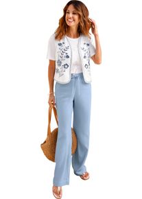 Damska Dž&iacute;nsov&aacute; vesta so zap&iacute;nan&iacute;m na h&aacute;čik bielo-modr&yacute; vzor veľkosť 54