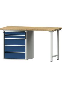 ANKE Werkbank, stellingconstructie Serie V, 5 laden, breedte 1500 mm, massief beukenhout, volledig uitschuifbaar, pincode sluiting