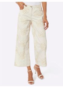 Dames 7/8-jeans met borduursel rondom in champagne/vanille ,maat 40, WITT, 100% Katoen