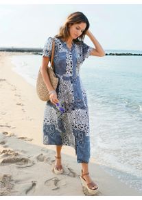 Damen Sommerkleid mit Raffungen an den Schultern in ecru-bleu-bedruckt ,Gr&ouml;&szlig;e 36, WITT, 100% Viskose