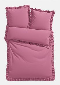 Sengesett i linon med rysjer, lilla, st&oslash;rrelse 4 (2x 80/80 cm, 1x 240/220 cm), bonprix