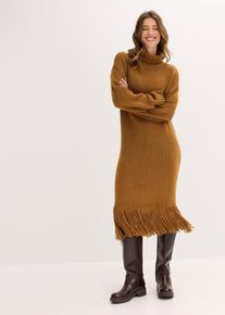 bonprix Strickkleid mit Fransensaum, braun, Gr.32/34 (XS), Mit hohem Rollkragen, aus Viskose