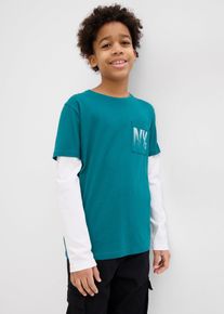 bonprix 2 v 1 tričko s dlh&yacute;m ruk&aacute;vom, z čistej bavlny, modr&aacute;, 128/134