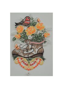 Stickereien Plauen Fensterbild &raquo;Pflanzschuh mit Vogel&laquo;