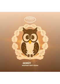 Weigla Beleuchtetes Fensterbild &raquo;Eule mit Kranz, Fensterdekoration aus Holz, NATUR-BRAUN, Made in Germany&laquo; Erzgebirge garantiert, Herbstdeko Innen, 