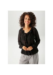 Aniston CASUAL, Damen, Schlupfbluse mit R&uuml;schen am V-Ausschnitt und im Vorderteil, schwarz, 48, schwarz, Bluse in leicht transparenter Georgette-
