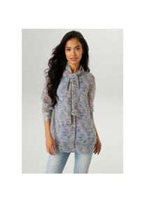 Aniston SELECTED, Damen, Langarmbluse mit Schluppe und minimalen Bl&uuml;mchenmuster, hellblau-beige-blau-oliv, 36, hellblau-beige-blau-oliv, Bluse mit 