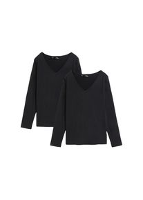 bonprix, Damen, Langarmshirt &raquo;Figurbetontes Langarmshirt (2er Pack)&laquo; Packung, 2, 2 Stk. im 2er Pack mit V-Ausschnitt und Langarm, schwarz+schwarz, 48/