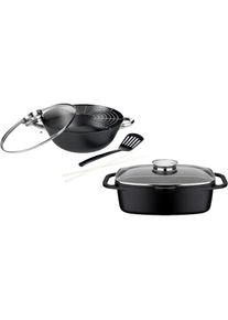 GSW Topf-Set &raquo;Gourmet Granit&laquo; Set, 1 Br&auml;ter 32cm, 1 Wok &Oslash;32cm, mit Deckel, Gittereinsatz, Pfannenwender, 4 Stk. tlg. Gusseisen