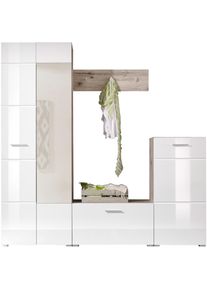 HBZ-MEBLE HBZ Kompaktgarderobe &raquo;SIXX Wei&szlig; Hochglanz, Flurgarderobe mit Spiegel, BxHxT 195x195x36 cm&laquo; 1 Stk. tlg. Mit Hochschrank mit Spiegel, Bank, Paneel und 