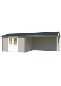 Lasita Maja Gartenhaus &raquo;Amarillo&laquo; Blochbohlenhaus 28mm Anbau, Fundamentmass 3300x3300+3800, Lichtgrau