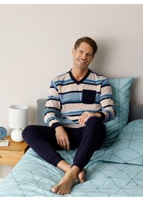 Heren Pyjama in marine/ecru gestreept ,maat 44/46, Witt, 100% Katoen