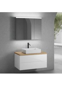 neoro n50 Meuble bas l : 100 cm, 2 tiroirs, vasque l : 58 cm blanc mat, avec armoire de toilette,, BN0065WM+BN0423WH+BN0403W1+BN0474MI,