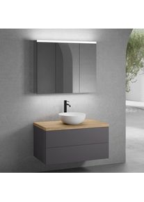 neoro n50 Meuble bas l : 100 cm, 2 tiroirs, vasque &Oslash; 40 cm blanc mat, avec armoire de toilette,, BN0064WM+BN0423GR+BN0403W1+BN0474MI,