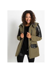 bonprix, Damen, Parka &raquo;Parka mit Lederimitat-Eins&auml;tzen&laquo; mit Kapuze Winterjacke mit Kapuze als Parka mit Lederimitat-Eins&auml;tzen, khakigr&uuml;n/schwarz, 40, 