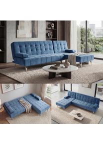 Schlafsofa HWC-K22, Couch Ecksofa Sofa, Liegefl&auml;che links/rechts Schlaffunktion 236cm ~ Samt blau
