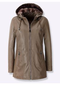 Dames Leren jack met afneembare capuchon in taupe ,maat 40, WITT, 100% Lamsnappaleer. Imitatiebont: 100% Polyester