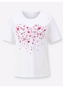 Damen Kurzarmshirt mit Herz-Druck in wei&szlig;-pink ,Gr&ouml;&szlig;e 50, WITT, 100% Baumwolle