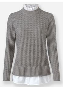 Damen 2-in-1-Pullover mit R&uuml;schen am Kragen in steingrau-meliert ,Gr&ouml;&szlig;e 42, WITT, 50% Baumwolle, 50% Polyacryl. Webware: 80% Baumwolle, 20% Viskose