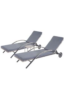 2er-Set Sonnenliege HWC-E27, Relaxliege Gartenliege, Poly-Rattan ~ grau Kissen dunkelgrau