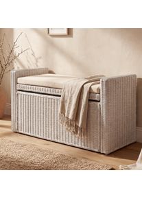 Aufbewahrungstruhe M92, Truhe Sitzbank Garderobenbank, Kissen Kubu Rattan 88cm ~ wei&szlig;
