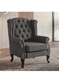 Sessel Chesterfield, Relaxsessel Clubsessel Ohrensessel, wasserabweisend Stoff/Textil ~ dunkelgrau ohne Ottomane