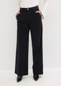 bonprix Wide-Leg Bundfalten-Hose mit Bequembund, schwarz, Gr.52, Mit hohem Bund, 98% Baumwolle (organic)