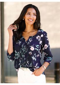 Damen Schlupf-Bluse mit R&uuml;schen an den &Auml;rmelabschl&uuml;ssen in marine-hellros&eacute;-bedruckt ,Gr&ouml;&szlig;e 44, WITT, 100% Polyester