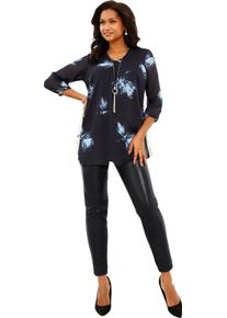 Damska Tunika s riasen&iacute;m na v&yacute;strihu. Čierno-akvamar&iacute;nov&aacute; potlač veľkosť 54