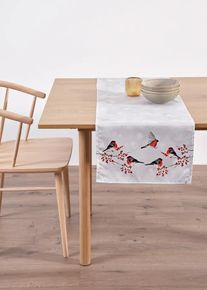 bonprix Bieżnik stołowy z nadrukiem zimowych ptaszk&oacute;w, szary, Dł. x szer. 140/40 cm