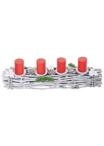 Adventskranz l&auml;nglich, Weihnachtsdeko Adventsgesteck, Holz 60x16x9cm wei&szlig;-grau ~ mit Kerzen, rot