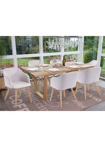 6er-Set Esszimmerstuhl HWC-D71, Stuhl K&uuml;chenstuhl, Retro Design, Armlehnen Stoff/Textil ~ hellgrau-grau