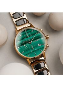 Green Women's Watch Jolly, Genuine Malachite Dial & Gold Steel and Ceramic Bracelet