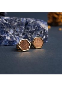 Hexagon Stud Earrings with Walnut Wood, 24k Gold Plating