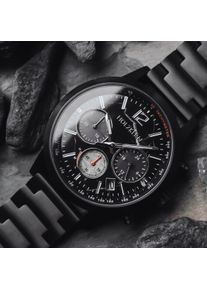 Solar Men's Watch Rahotu, Real Meteorite Dial, Waterproof, Black Stainless Steel, by Holzkern