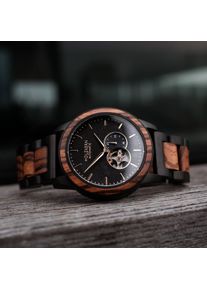 Automatic Wood Watch, Black Dial & Brown Bracelet