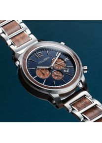 Elegant men's chronograph with blue dial and luminiscent hands, Walnut wood & Stainless steel