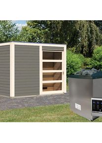 Maison de sauna en bois Karibu Cuben gris terre, 9 kW cmd ext. Easy Finnisch