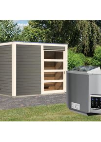 Maison de sauna en bois Karibu Cuben gris terre, 9 kW cmd ext. Easy Bio
