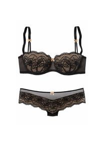 s.Oliver, Set: Schalen-BH Set, mit Low Waist Panty, 2 Stk. mit feiner, blumiger Spitze und zarten Zierschleifen, sexy Dessous, schwarz-caramel, Cup A,