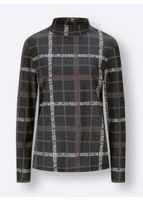 Damen Stehkragenshirt mit Karomuster in schwarz-taupe-kariert ,Gr&ouml;&szlig;e 44, WITT, 100% Baumwolle