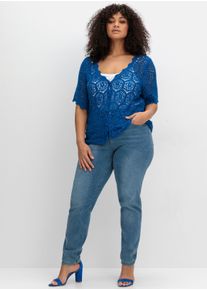 sheego by Joe Browns Dames Ajourvest met korte mouwen in kobaltblauw ,maat 52/54, Witt, 50% Katoen, 50% Polyacryl